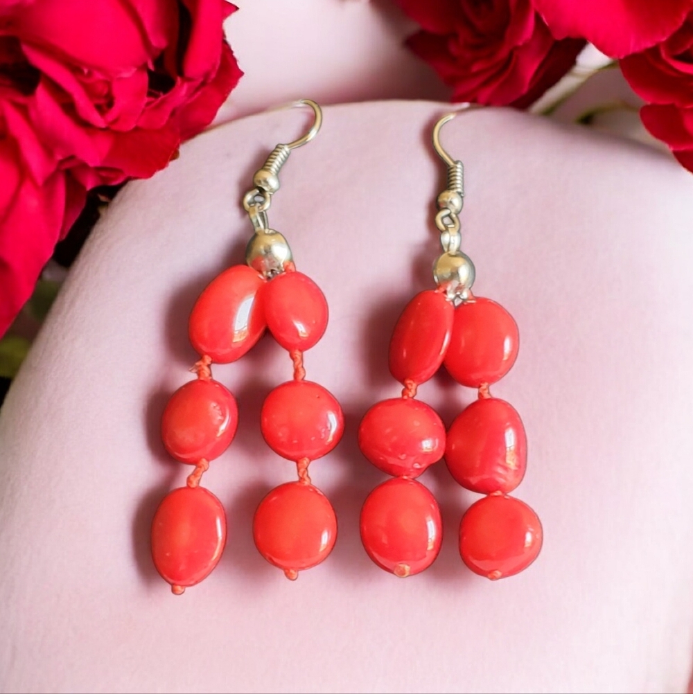 Vtg. RARE Red Corals Dangle Earrings